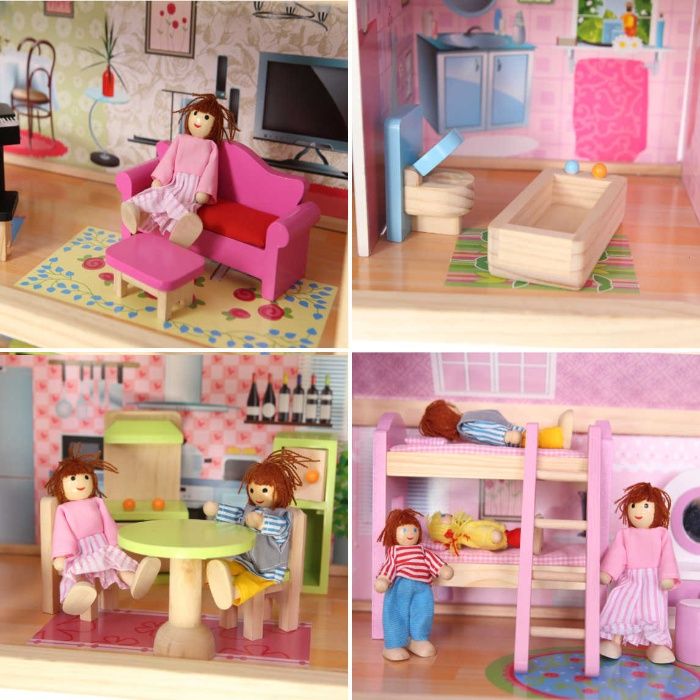 Duży drewniany domek dla lalek + 4 lalki + mebelki ZLA0011