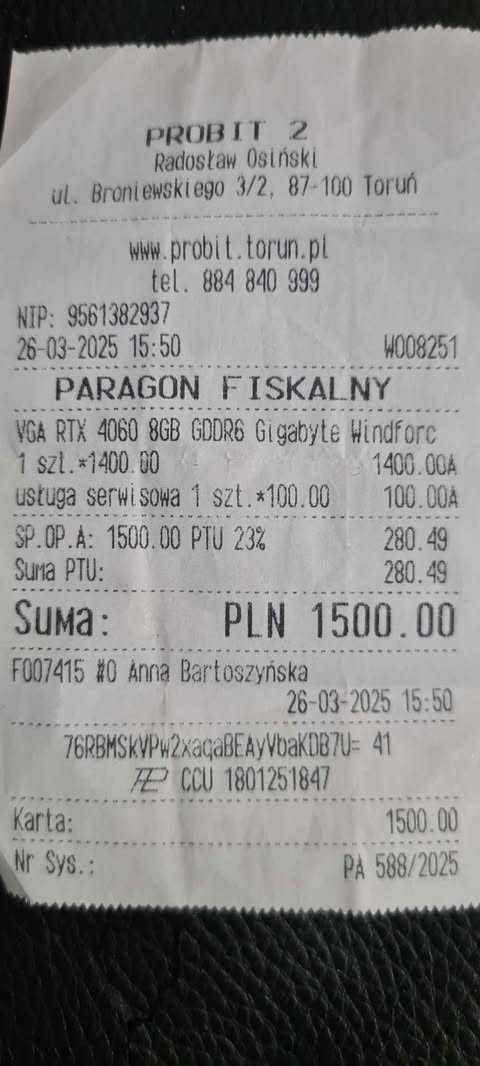 Nowa karta graficzna Geforce RTX 4060 8GB GDDR6,2xFANS,Gwarancja2 lata