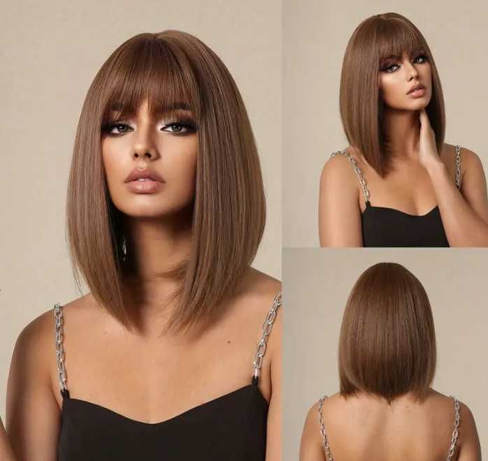 Peruka damska włosy brązowe proste dłuższy bob Wysyłka 24h PL