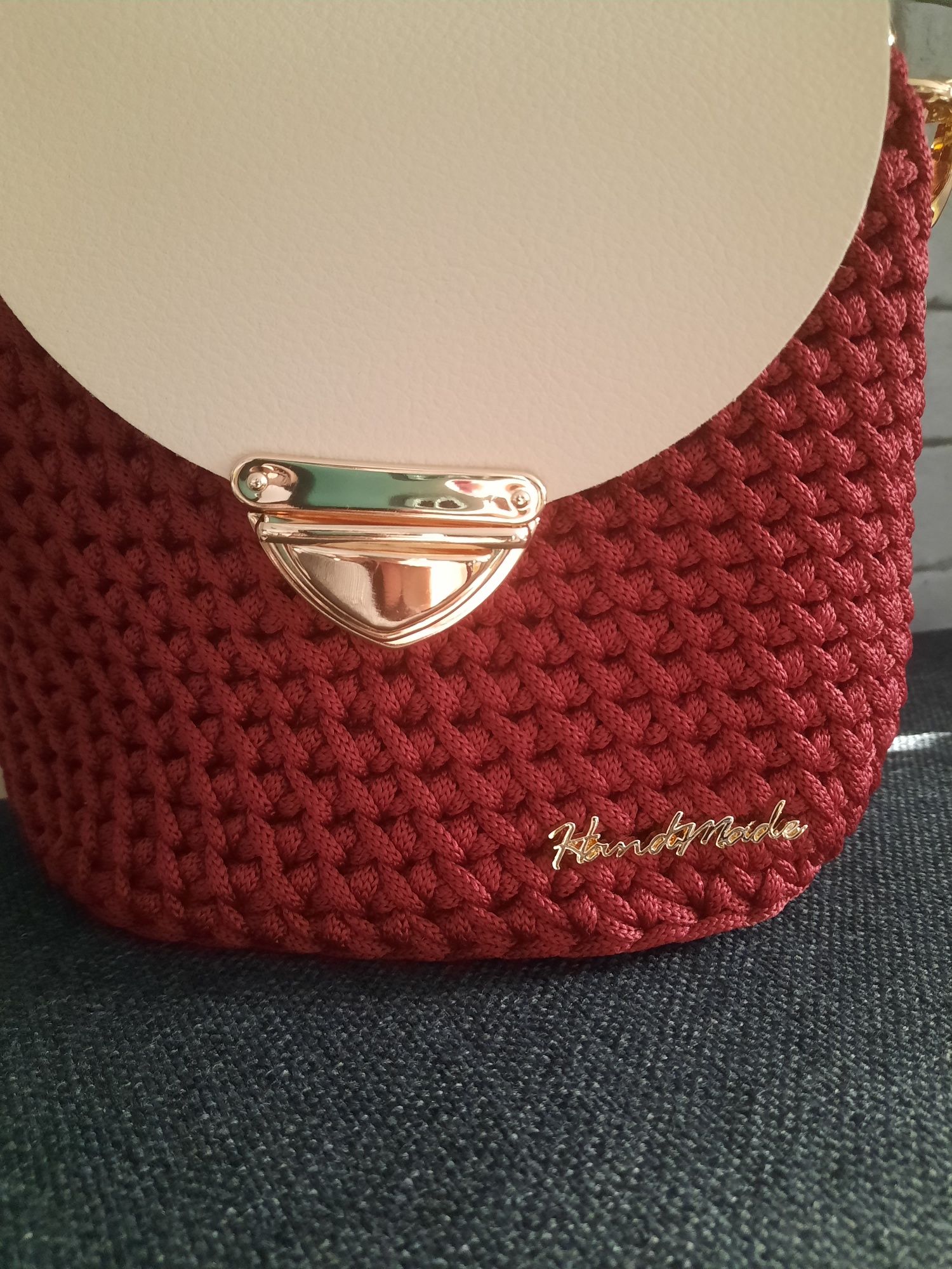 Torebka na szydełku hana handmade wino bordo beż skóra pleciona rączka