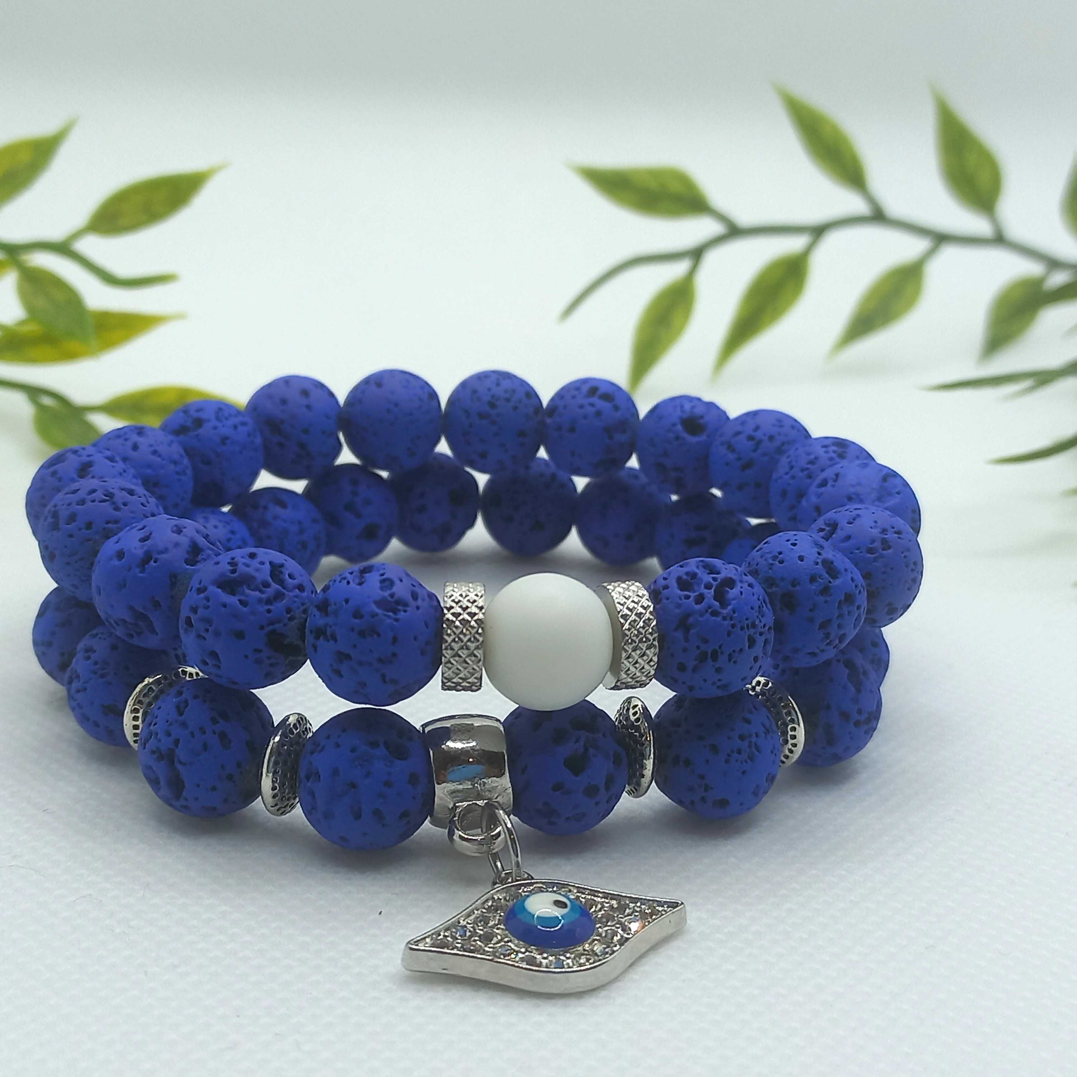 Chic blue lava evil eye pendant bracelet set for men.