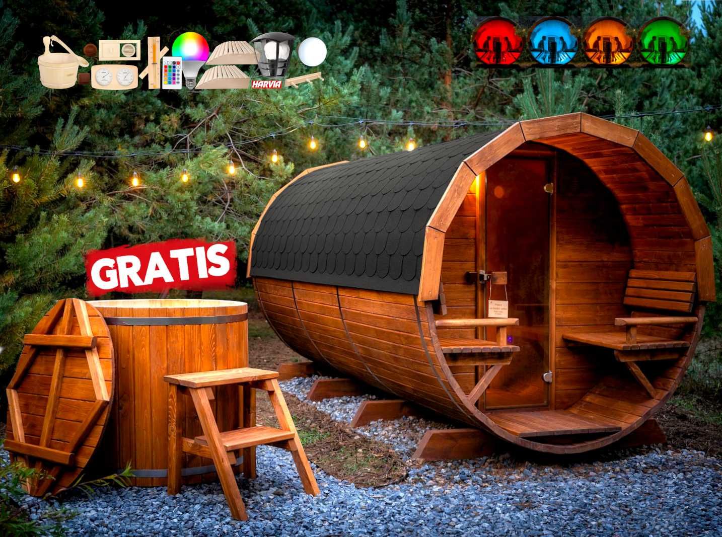 SAUNA Ogrodowa 400cm + PRZEDSIONEK zew +Akcesoria + BECZKA 500L GRATIS