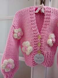 Sweterek handmade oversize 36-40 duże wypukłe kwiatki bufiaste rękawy