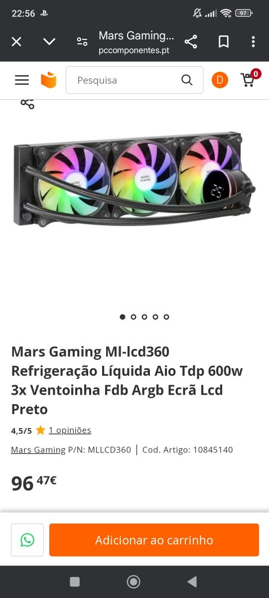 Mars Gaming Ml-lcd360  PRETO Refrigeração Líquida Rgb