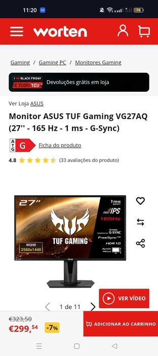 ASUS TUF Gaming VG27AQ — 27", 165 Hz, IPS, 1 ms — Excelente estado