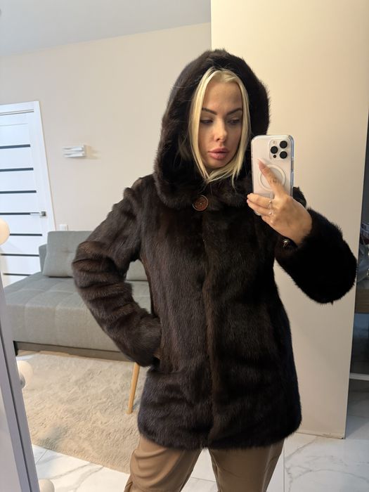 Шуба напівшубок норковий густе хутро темний шоколад xs-m