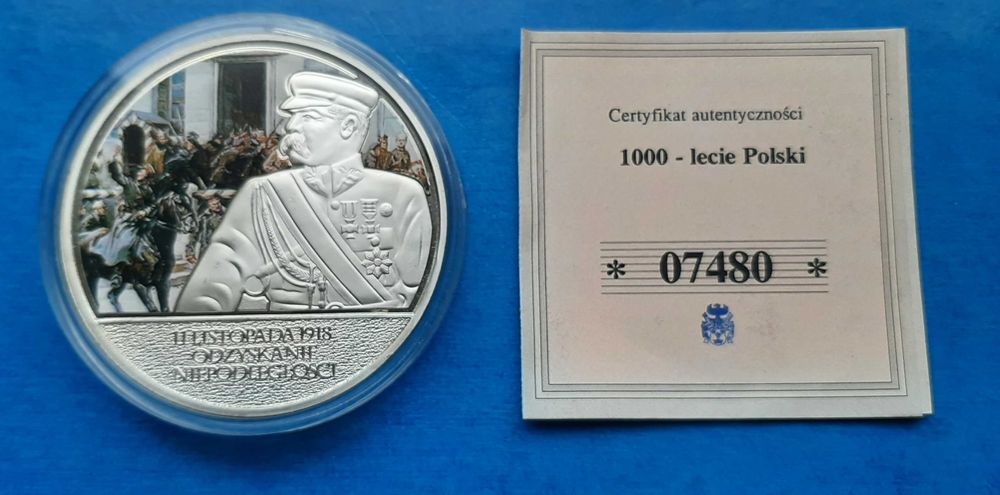 Moneta kolekcjonerska 1918 Odzyskanie niepodległości PIŁSUDSKI