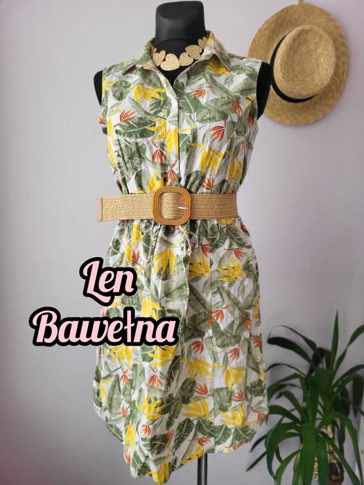 Letnia sukienka len bawełna na co dzień w liście kolorowe Esmara L