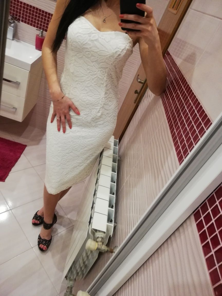 Nowa sukienka biała koronka koronkowa chrzest roczek urodziny s/m 38 m