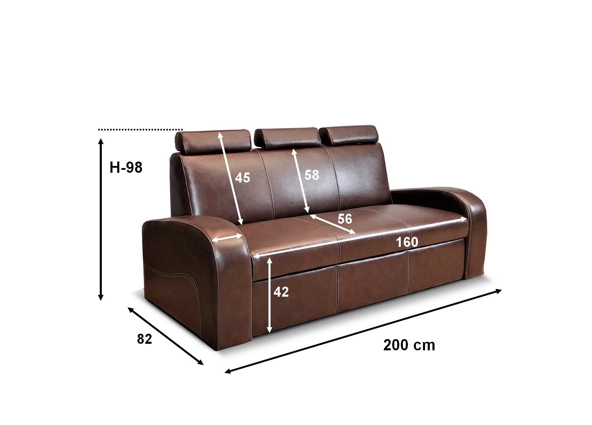 Sofa 3os 200cm skórzana, kanapa ze skóry, funkcja spania