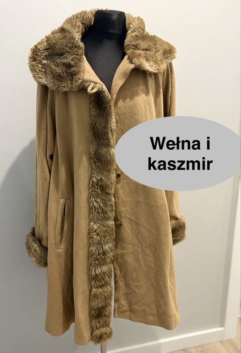 Beżowy płaszcz oversize z wełną i kaszmirem, Made in Italy, M–XL