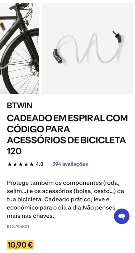 Candeado com código para bicicleta- Btwin