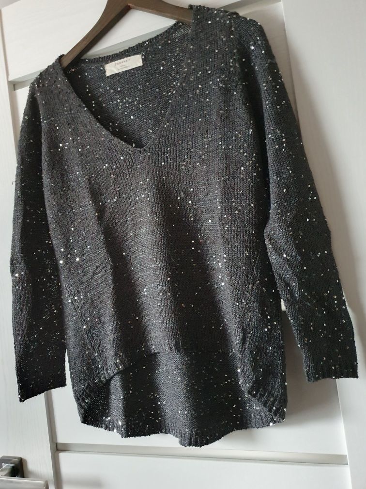 Sweter bluzka damska grafitowa z cekinami Zara Knit M
