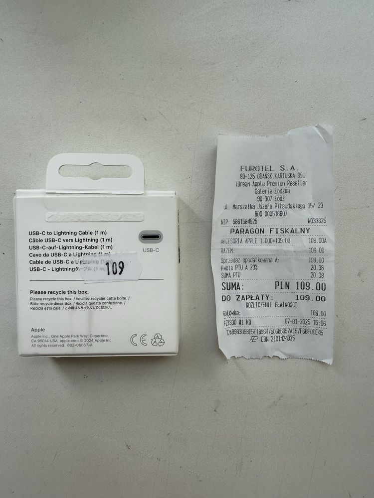 Oryginalny kabel Apple USB-C – Lightning 1m | Jak nowy + paragon