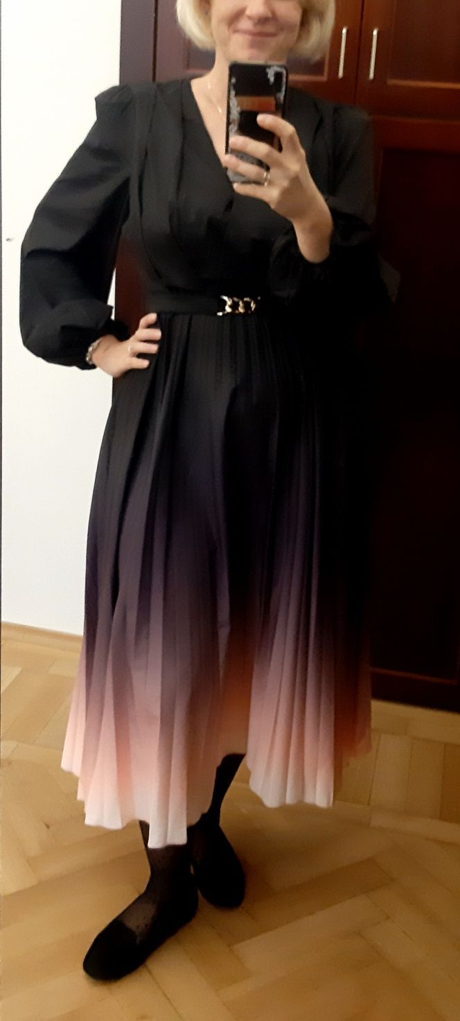 SHEIN Clasi Elegancka Damska Sukienka Midi litera A Ombre  r.44