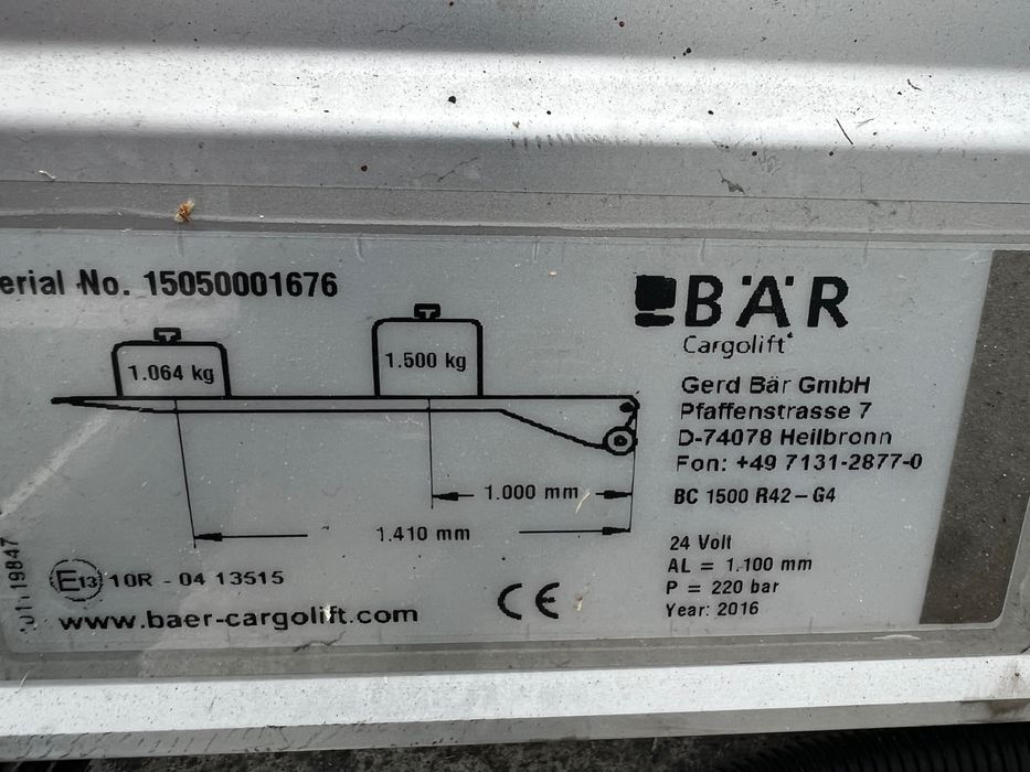 Winda załadowcza podwieszana Bär Cargolift 1500 udźwig, 2016 rok