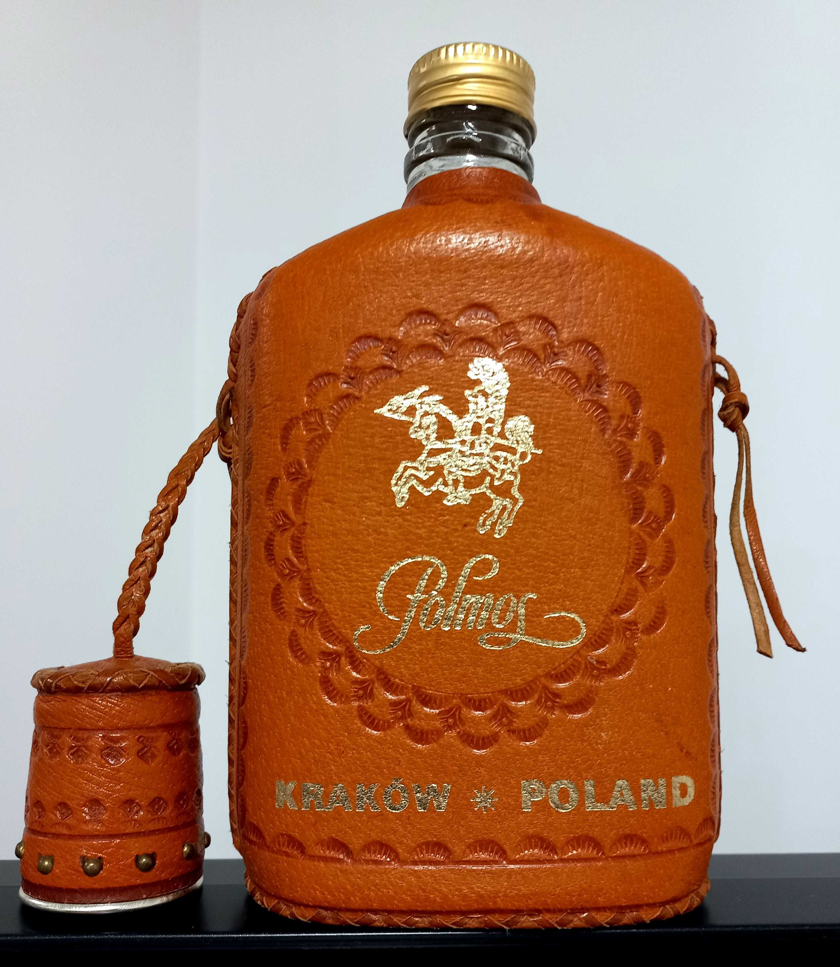 Bukłak piersiówka w skórzanej oprawie PRL Polmos Kraków 400ml