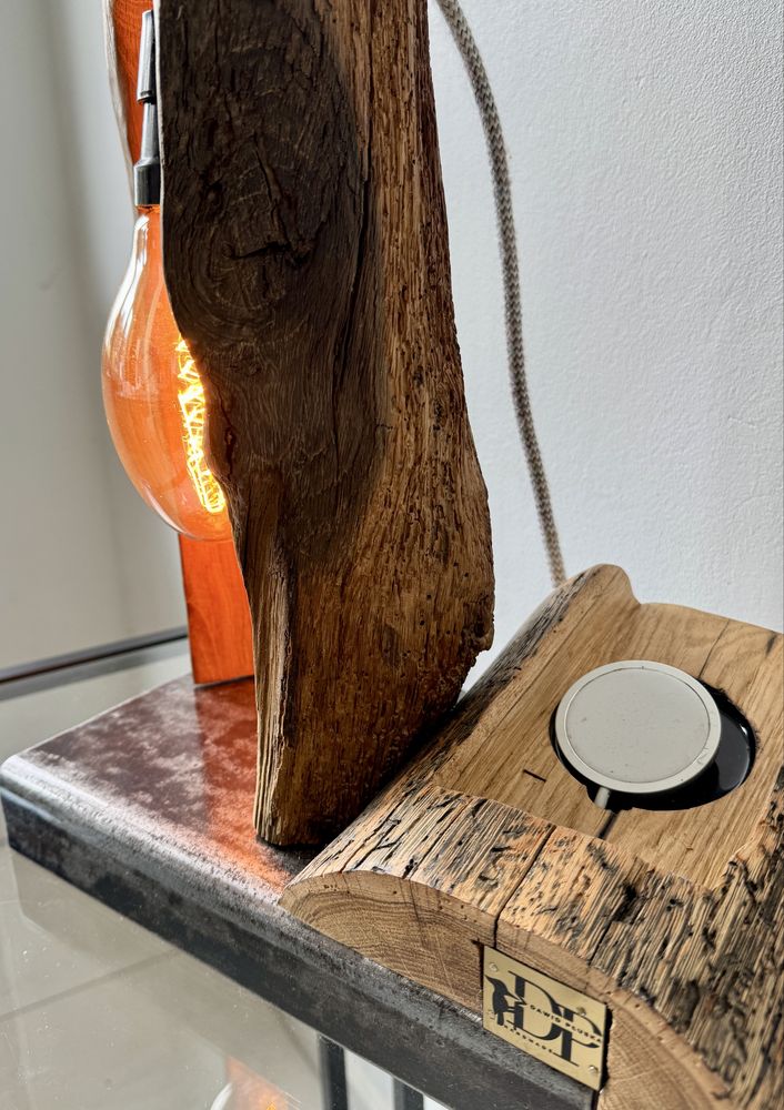 Lampka rustykalna loftowa stołowa nocna handmade naturalne drewno