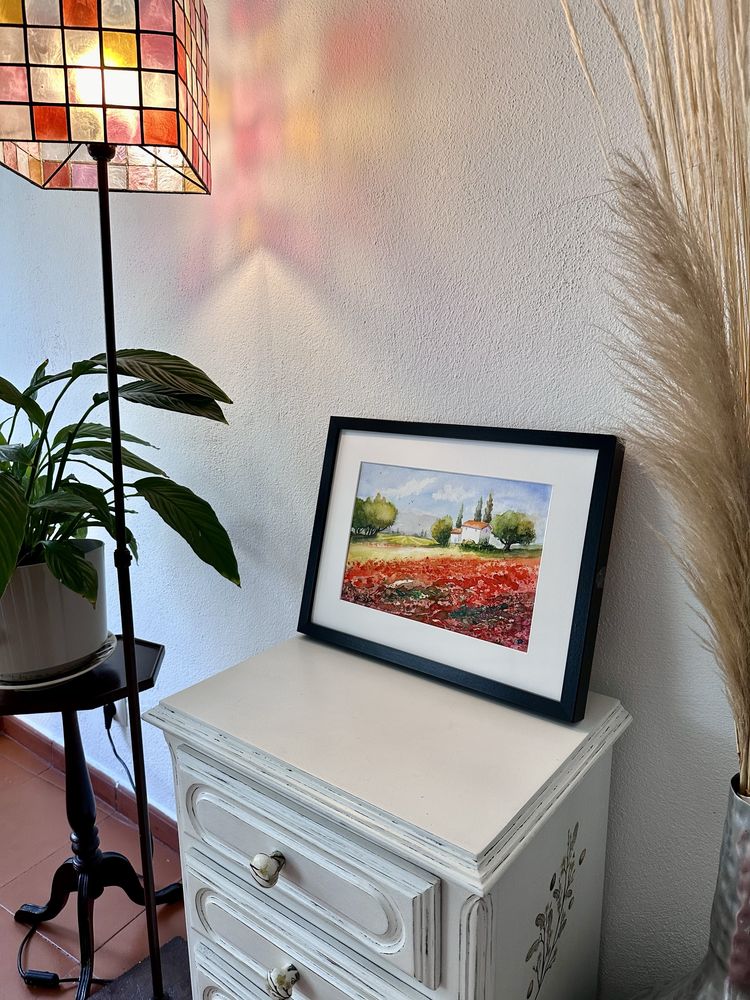 Pintura a aguarela com moldura, papoilas / Framed Poppy Field painting