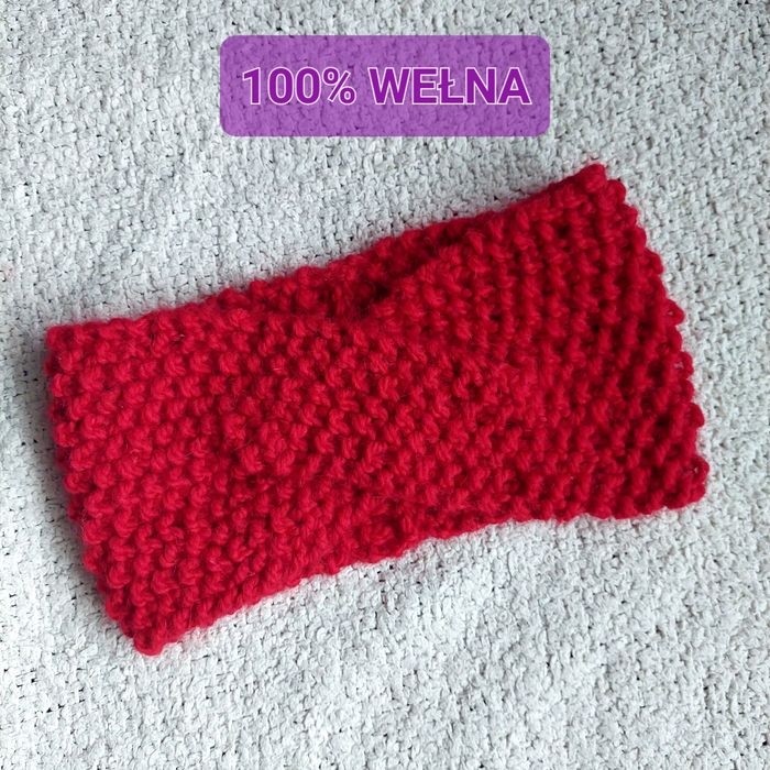 Opaska ręcznie robiona na drutach handmade 100% wełna czerwona
