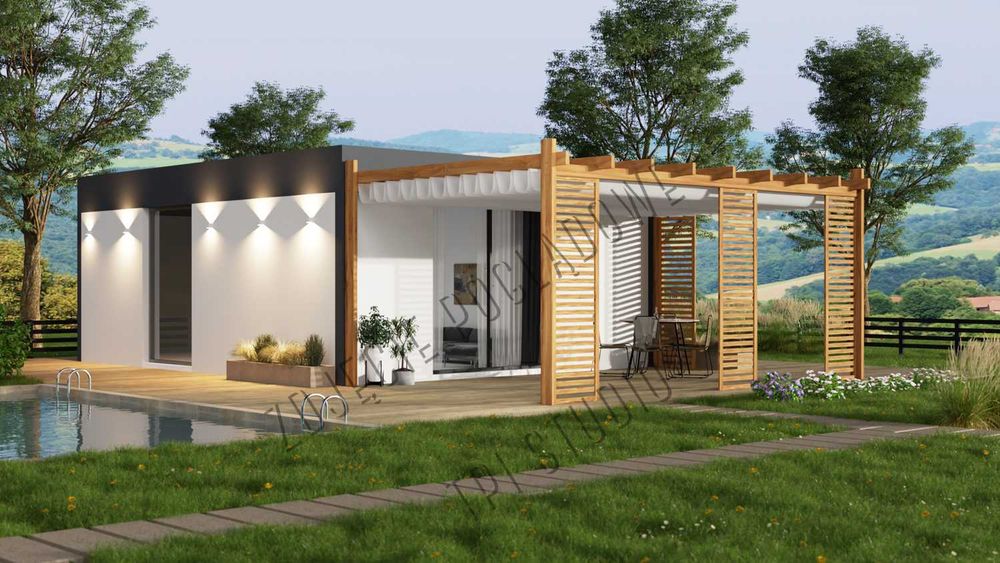 dom modułowy nowoczesny, dom szkieletowy, parterowy