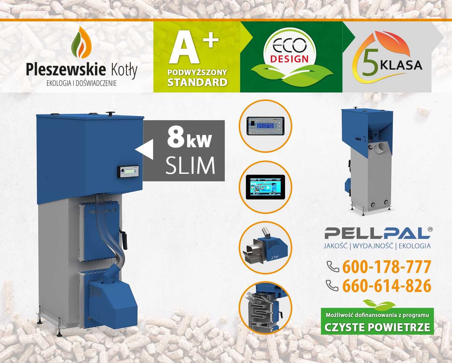 Kocioł c.o. na pellet 8kW PellPal Slim Dotacja 5 klasa Ekodesign