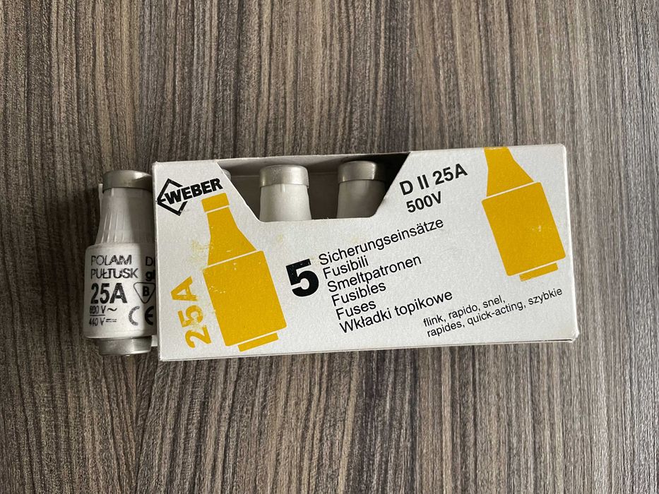 Bezpieczniki (wkładki) topikowe Weber D II 25A 500V (5 sztuk)