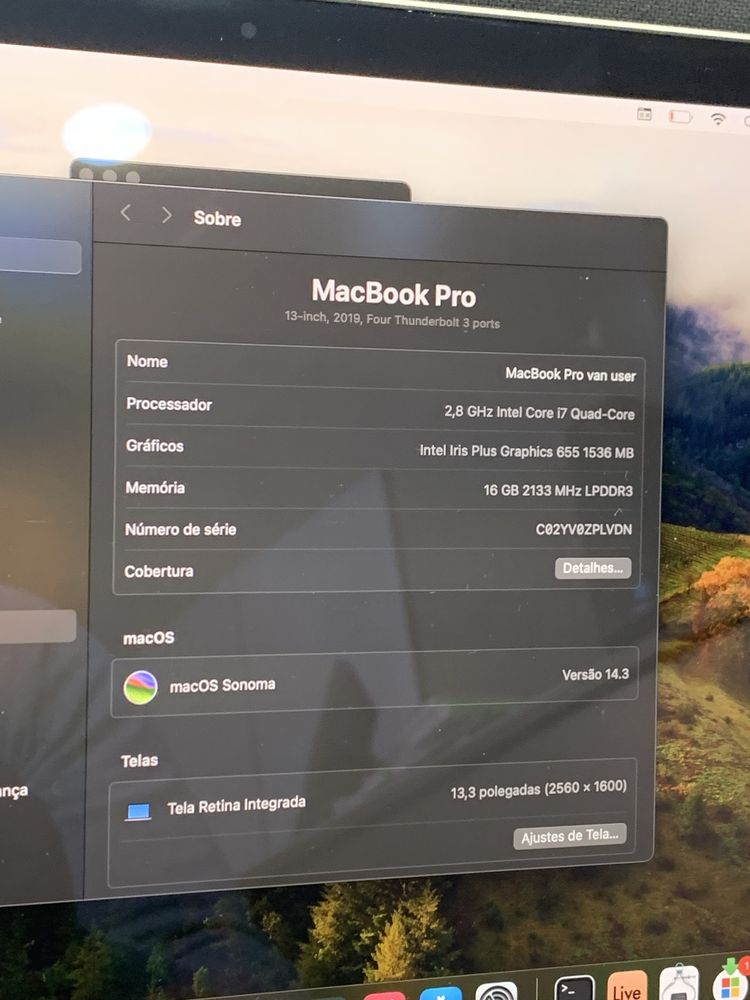 Macbook pro 13” 2019 intel i7 2.8 QuadCore 16GB RAM 500GB SSD Garantia