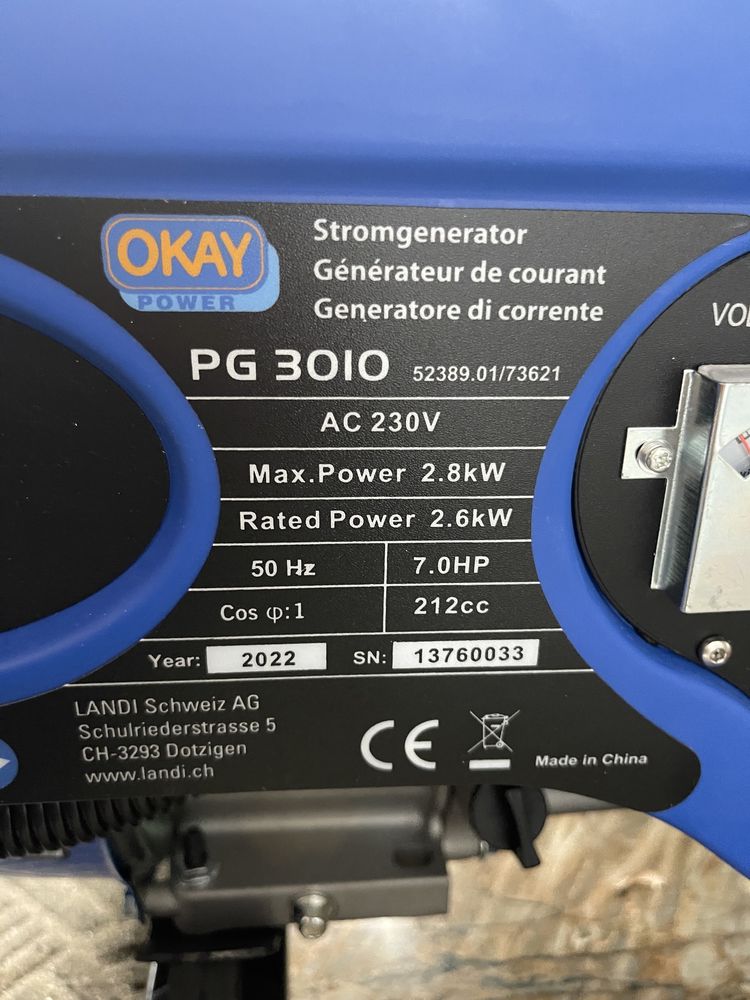 Бензиновий генератор 2,8 кВт. OKAY Power PG3010