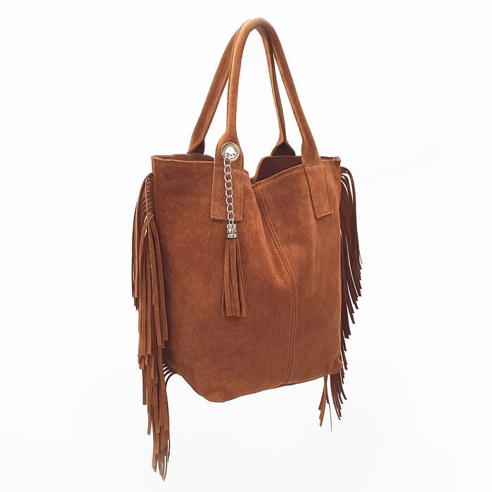VERA PELLE torebka damska zamszowa shopper z frędzlami V460 c.brązowa