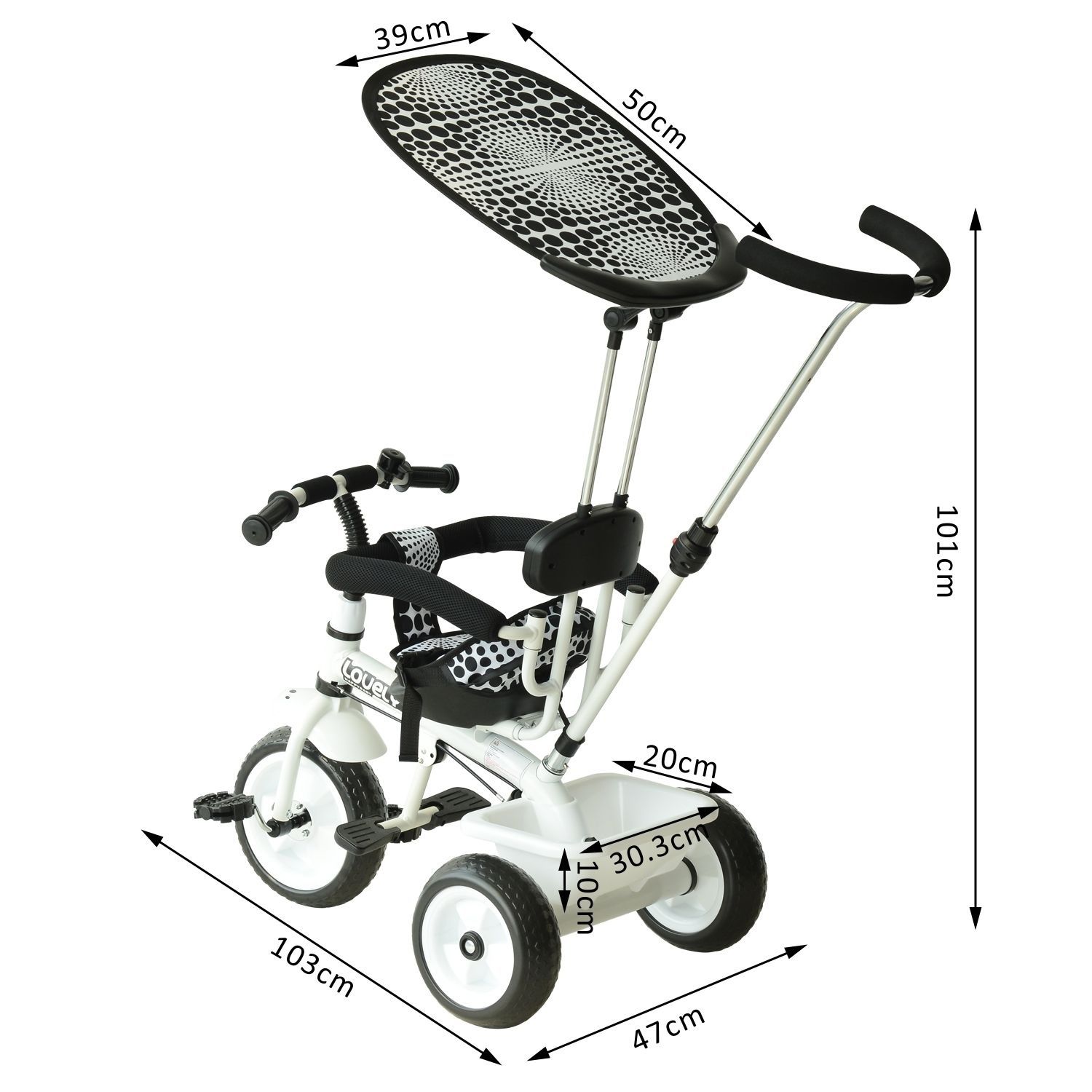 HOMCOM Triciclo para Crianças com Capô Removível e Dobrável 103x47x101