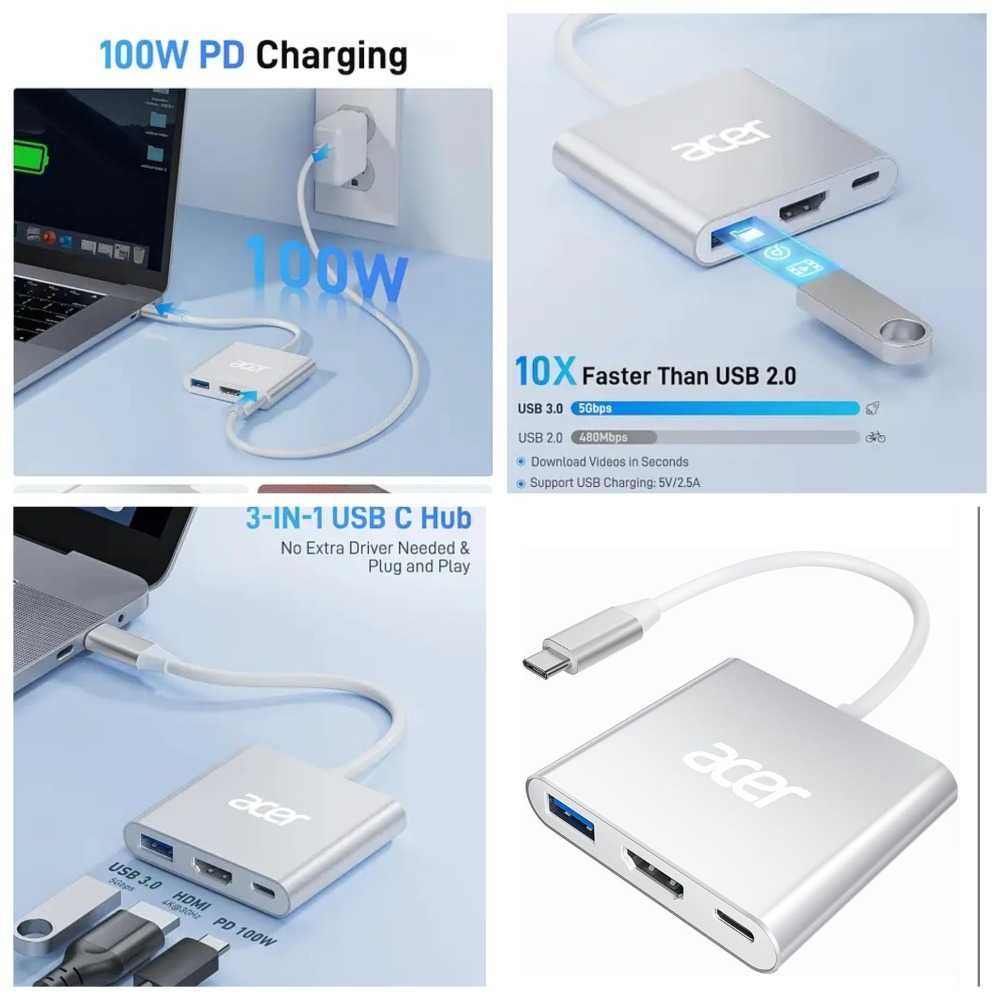 Адаптер Acer USB C - HDMI концентратор USB C 4K, 100 Вт, порт USBA 3.0