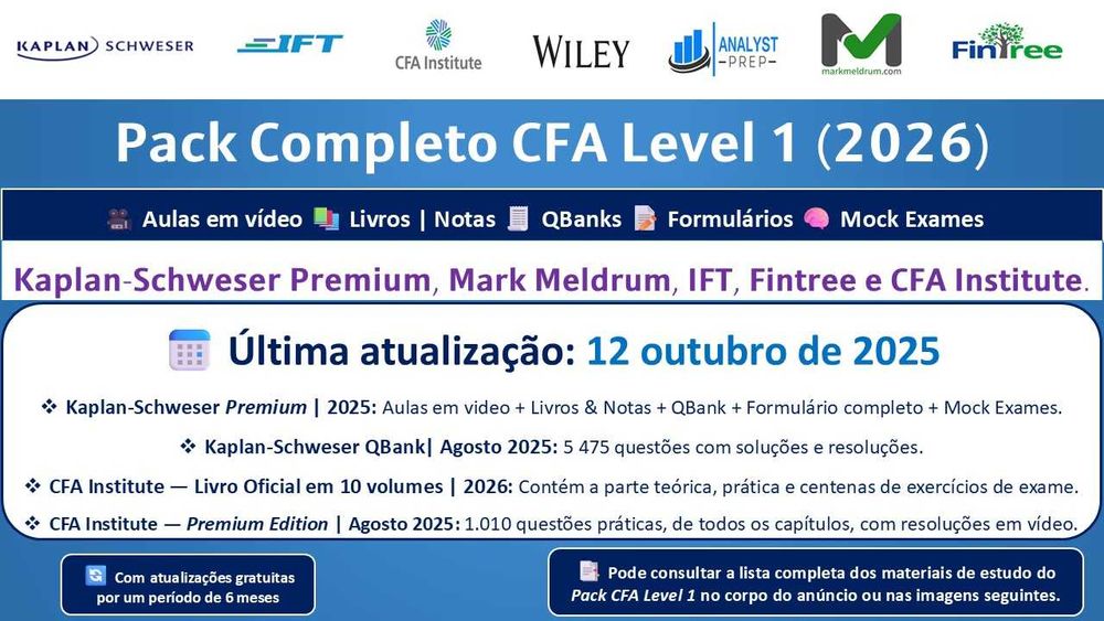 Pack CFA Level 1 (2026): Videos + Livros + QBanks + Mocks Exames
