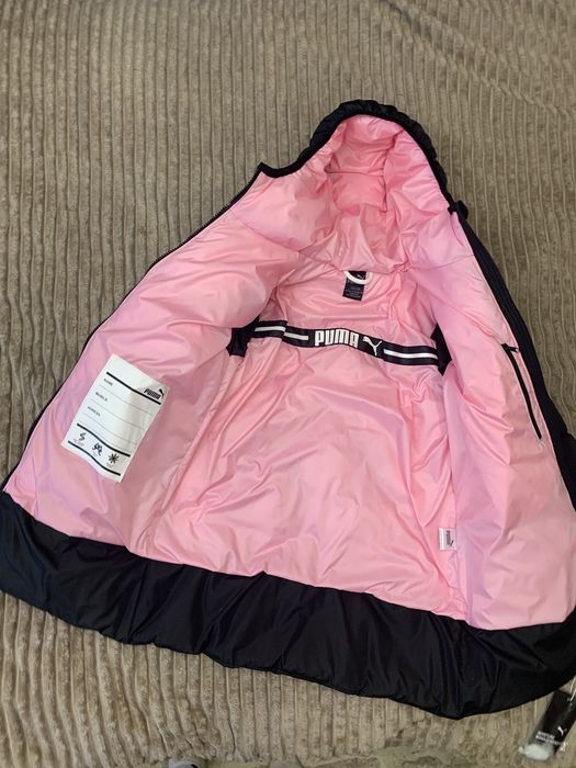 Удлиненный Пуховик Puma на девочку  Чорно- розовый. 134-140