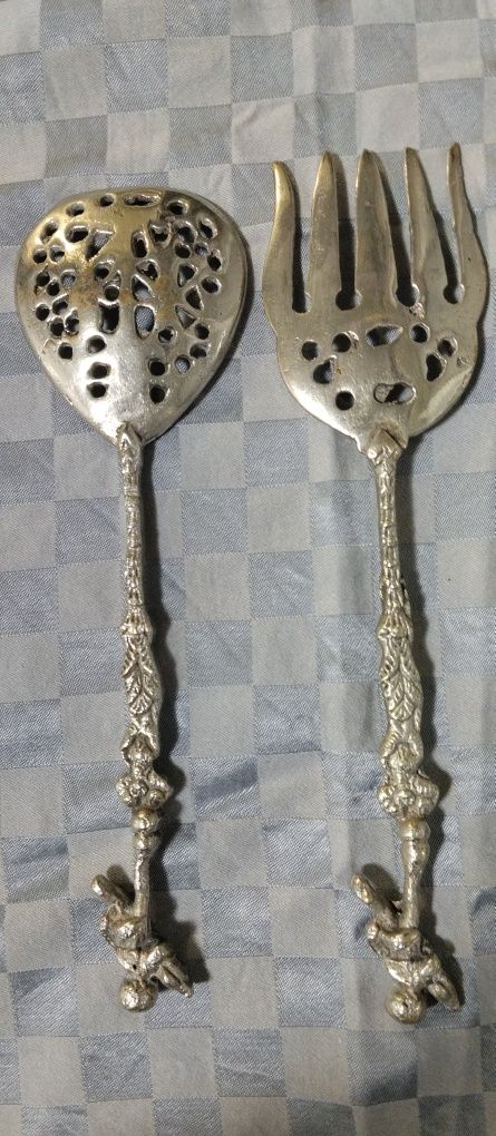 Talheres vintage para salada em aço inoxidável trabalhado