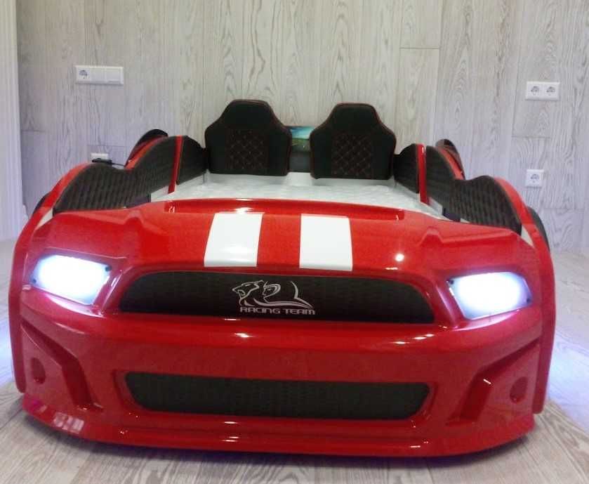 Ліжко гоночна машина Мустанг червона, синя з дверима і підсвічуванням