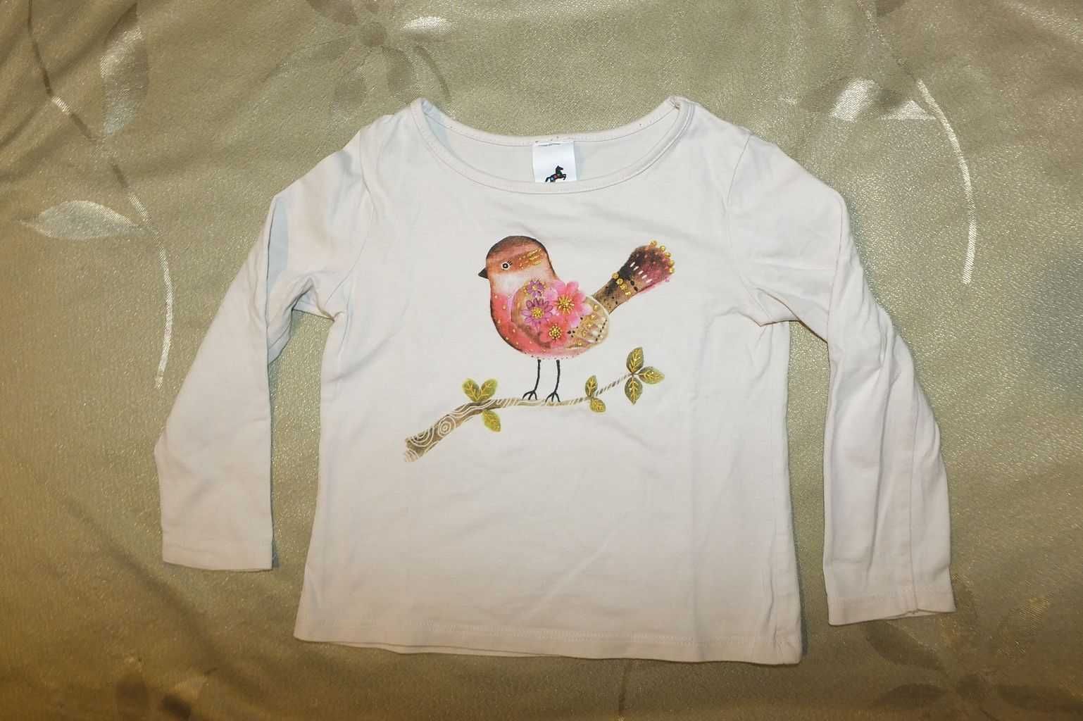 Bluzka bluzeczka dł rękaw różowa beżowa ptak C&A Palomino 98 brokat
