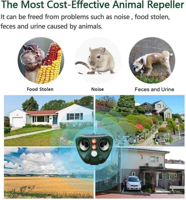 Solarny ultradźwiękowy odstraszasz zwierząt zewnętrzny IP66 LED 451