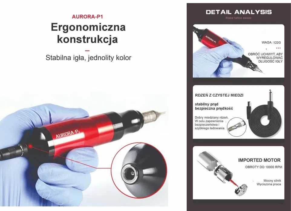 ZESTAW DO TATUAŻU Maszynka Pen Rotacyjna Tusze Bandaż Sztuczna Skóra