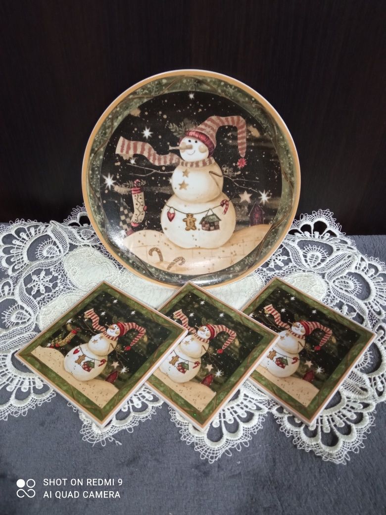 Набор, Снеговик: тарелка, подставки для чашек, керамика, пробка,Англия
