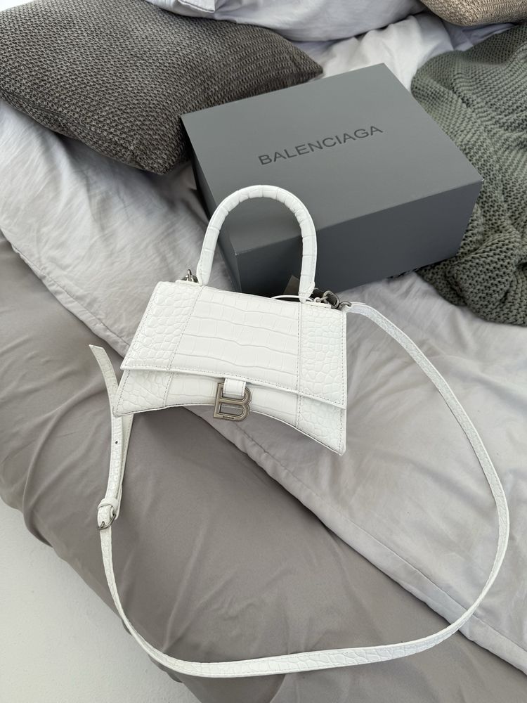 Сумка Balenciaga Hourglass шкіра крокодил | біла | срібна фурнітура