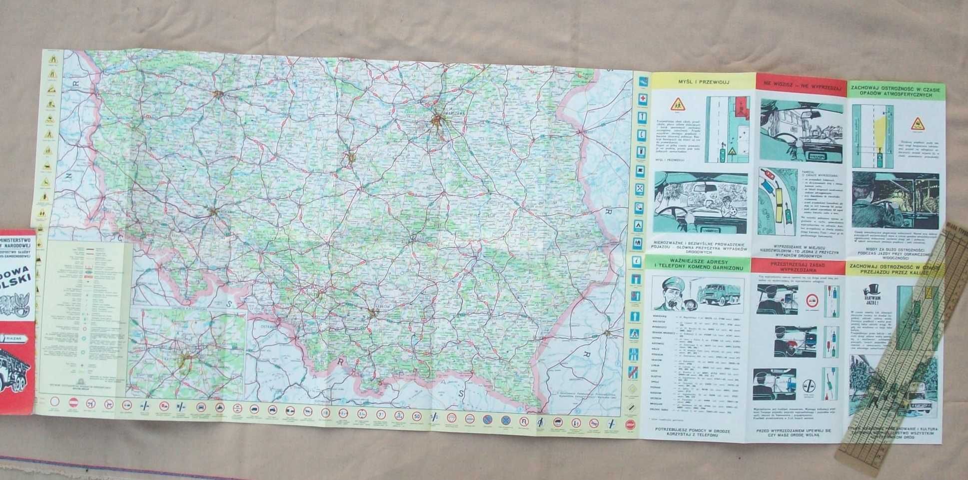 Samochodowa mapa Polski MON, połówkowa, dwustronna, 1983, PRL.