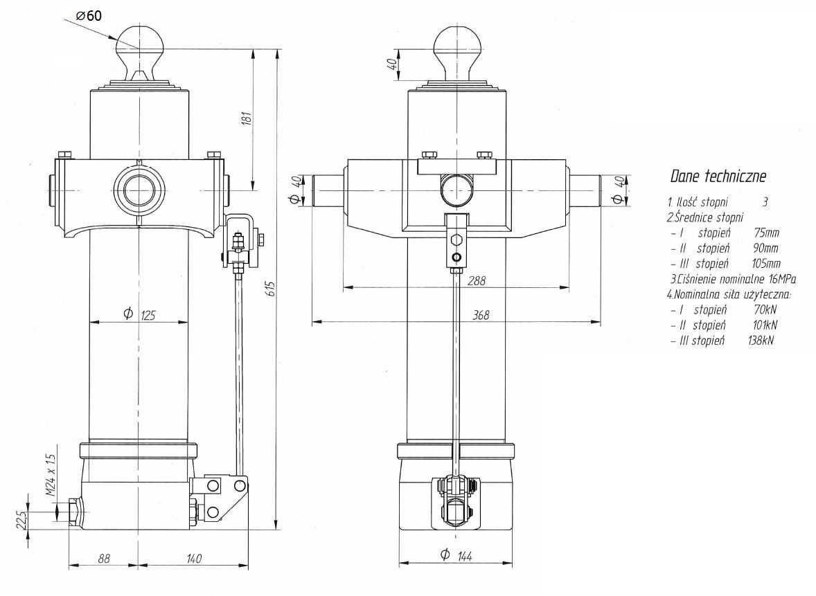 Siłownik przyczepy D-50 D-47 z zaworem 1320mm 10ton NOWY