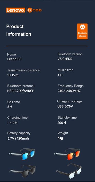Розумні сонцезахисні окуляри Lecoo Lenovo Bluetooth звoнки очки смарт