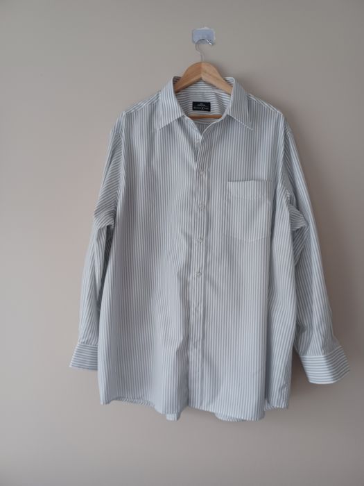 Elegancka bawełniana koszula biała rozm 45/46 pionowe szare paski Walb