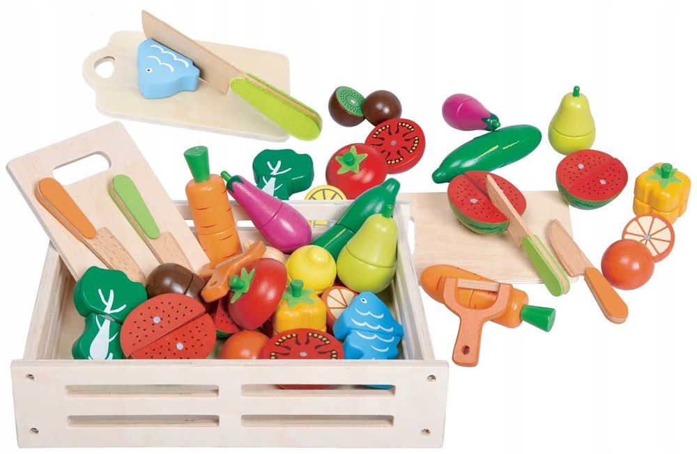 Drewniane Warzywa Owoce do Krojenia na Magnes XXXL skrzynka nożyk