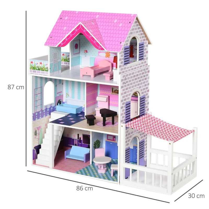 Casa de bonecas 3 andares com Pátio (inclui Mobília e acessórios)