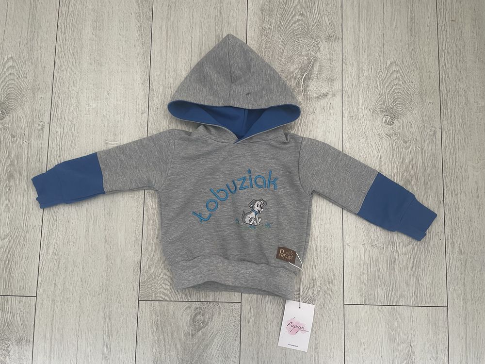 Bluza handmade 74 z kapturem szara łobuziak piesek