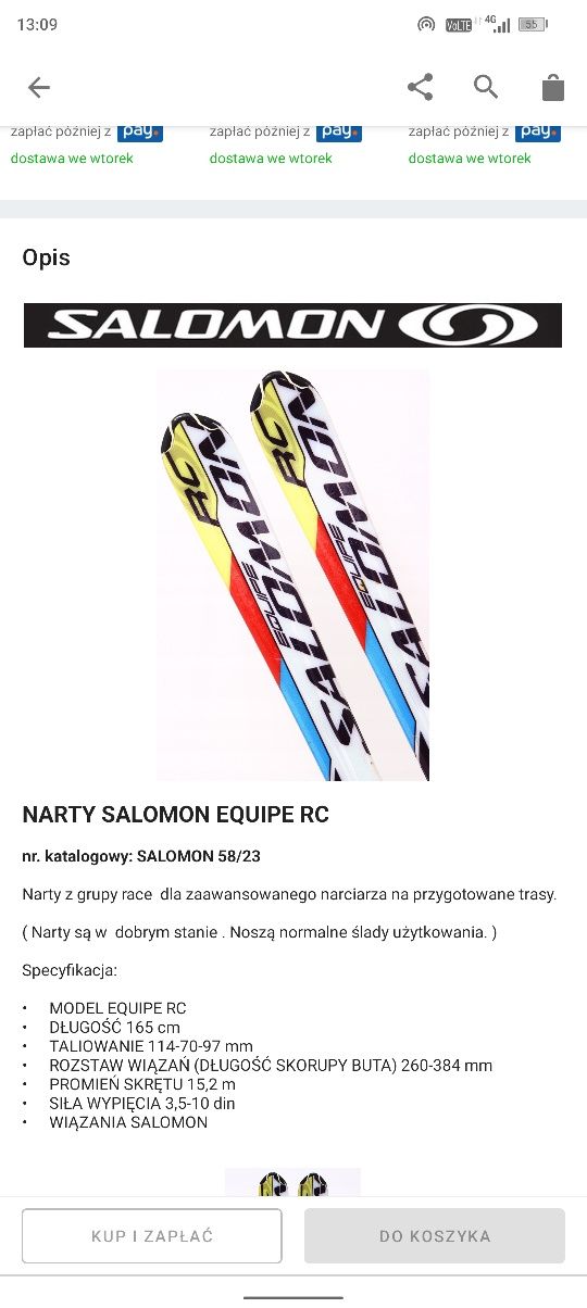 Narty Salomon equipe RC. Super stan. Tanio. 165 cm.