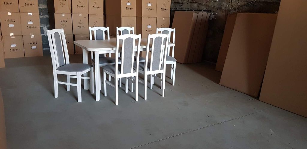 Nowe: Stół + 6 krzeseł,  biały + szary , dostawa cała Polska